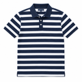 Navy and white striped polo shirt on white background