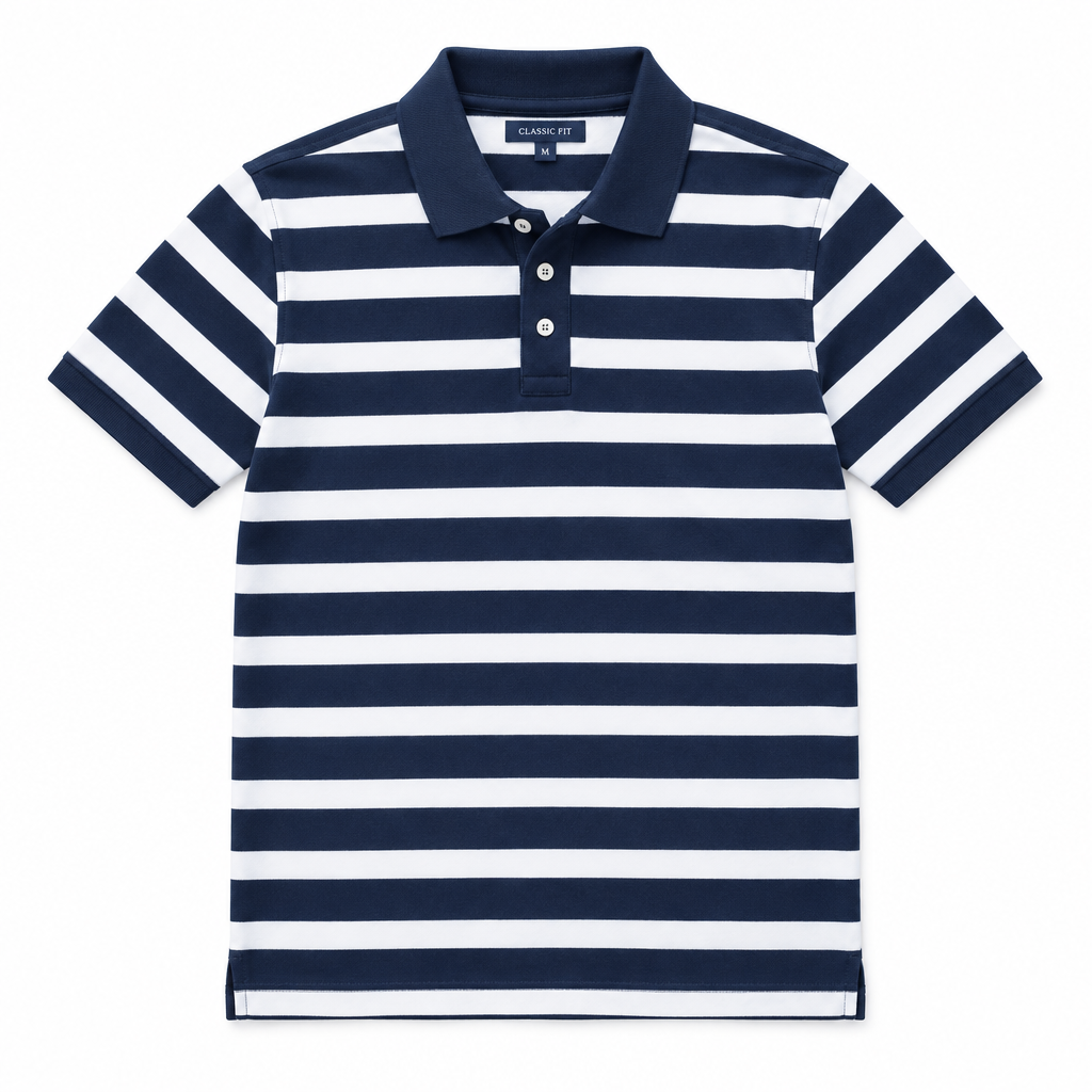 Navy and white striped polo shirt on white background