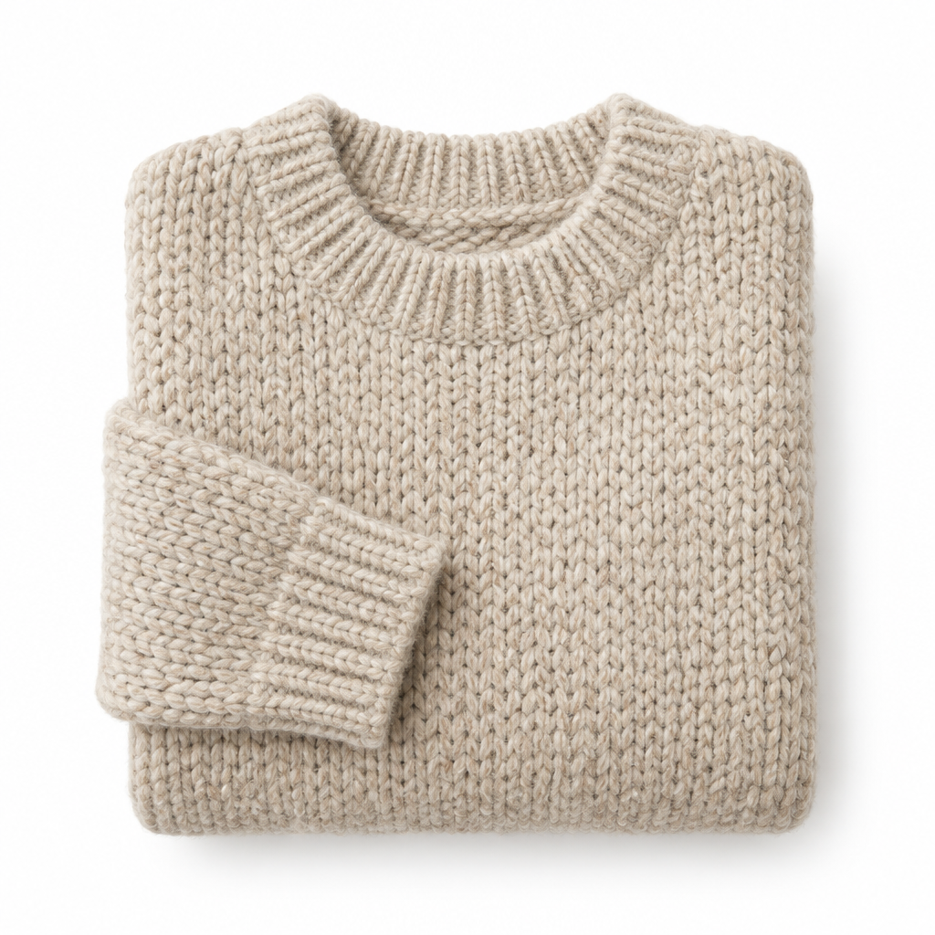 Oatmeal wool knit sweater on white background