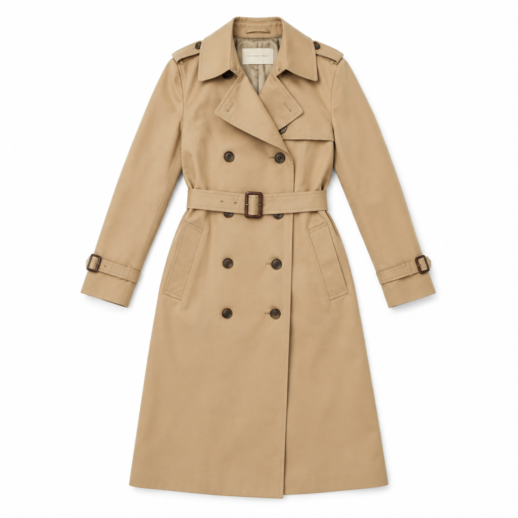 Camel trench coat on white background