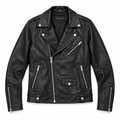Black leather biker jacket on white background